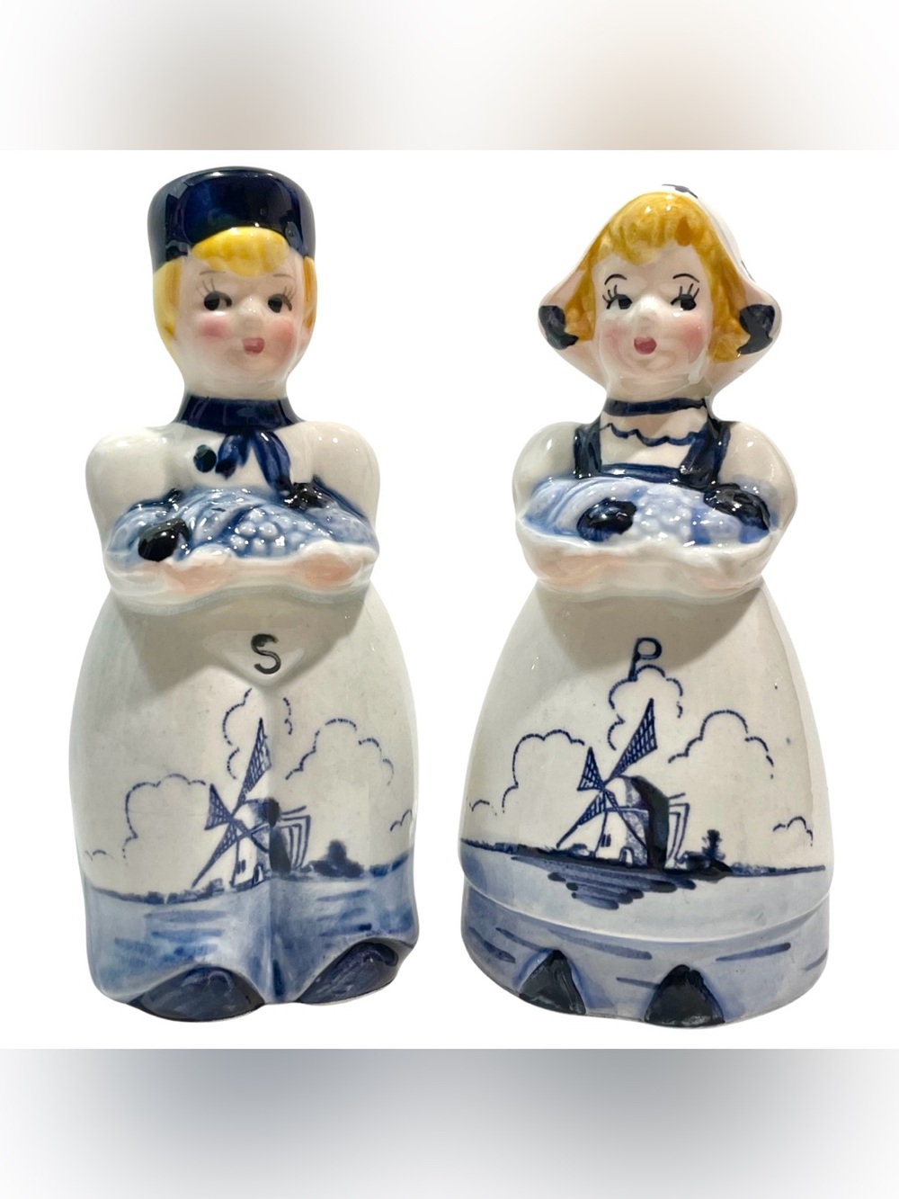 Vintage 1960s Kitschy Delft Style Blue & White Dutch Boy Girl Salt Pepper Shaker